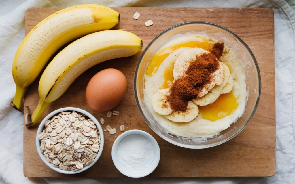  Ingredients for banana pancakes, including bananas, eggs, oats, and cinnamon.