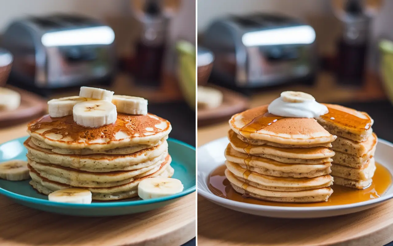 Comparison of banana pancakes and regular pancakes, showcasing distinct ingredients and toppings.