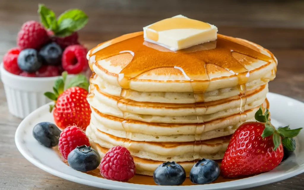 Regular pancakes topped with butter and syrup served with fresh fruit.