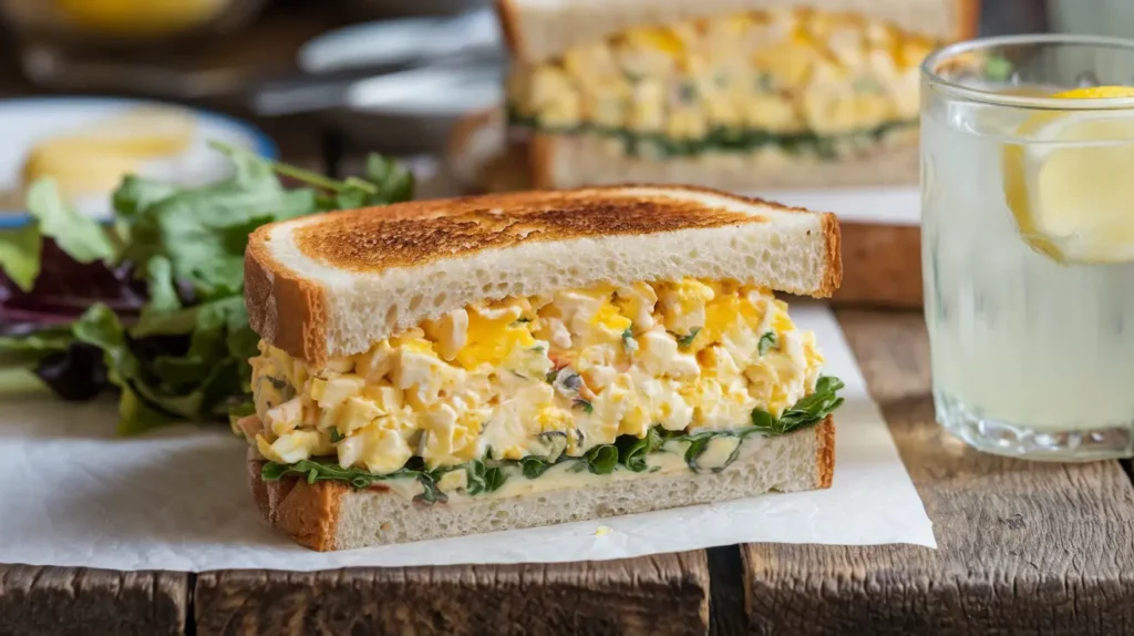 Perfectly assembled egg salad sandwich on toasted sourdough bread, served with fresh greens and a glass of lemonade