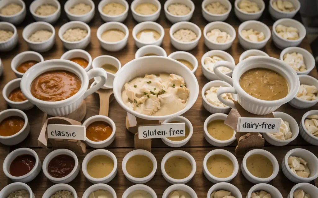 Different variations of chicken pot pie sauce: classic, gluten-free, and dairy-free.