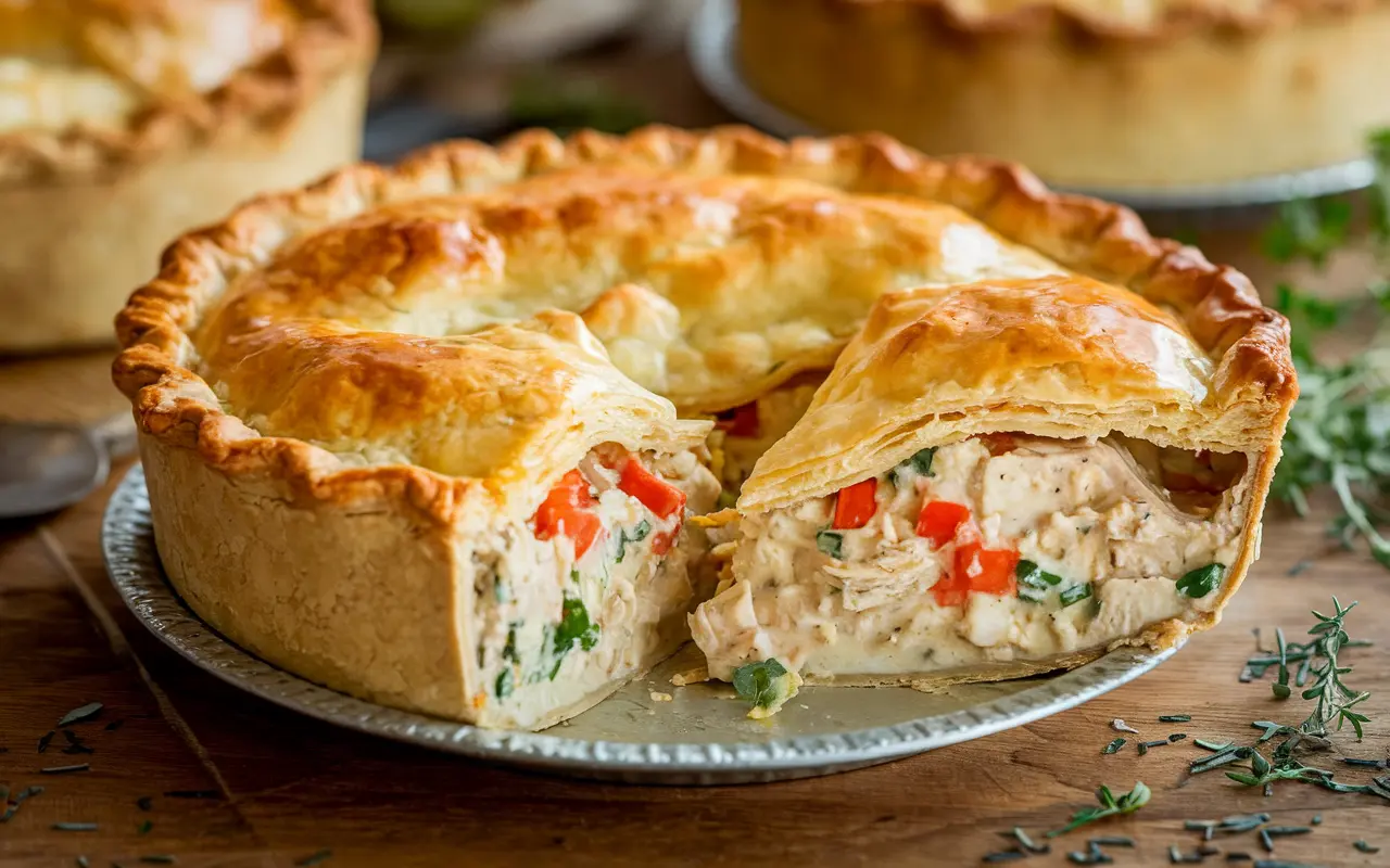 Golden-baked chicken pot pie with creamy sauce and hearty filling