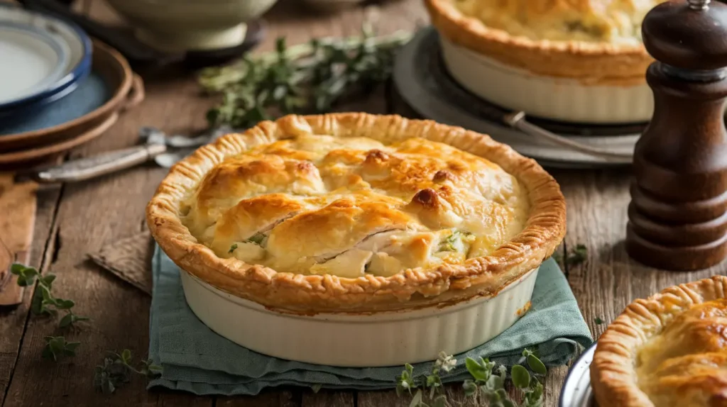 Golden-baked chicken pot pie with a crisp crust garnished with fresh herbs