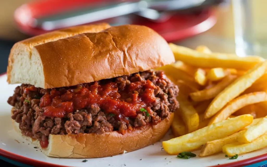 Homemade Sloppy Joe sandwich with ground beef, tomato sauce, and spices served on a toasted bun.