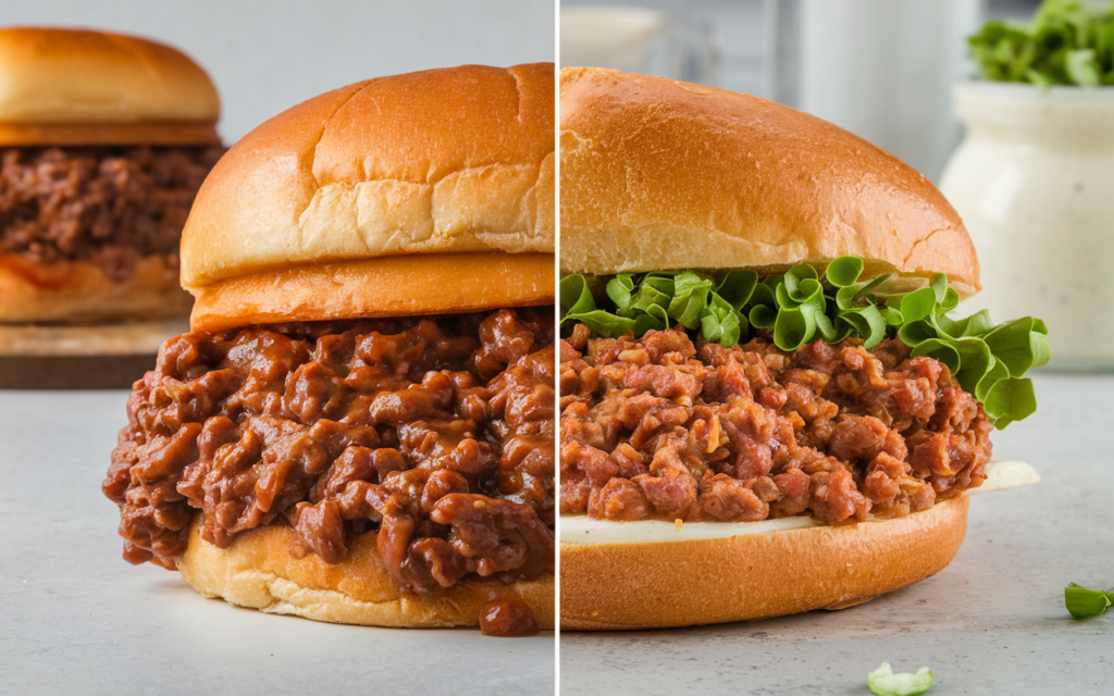 Side-by-side comparison of a Sloppy Joe and Sloppy Jane, highlighting their unique ingredients and textures.