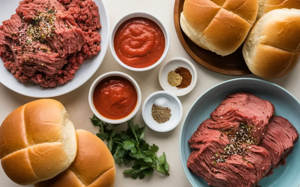 Ingredients comparison for Sloppy Joes and Sloppy Janes, including ground beef, ground turkey, tomato sauce, and spices.