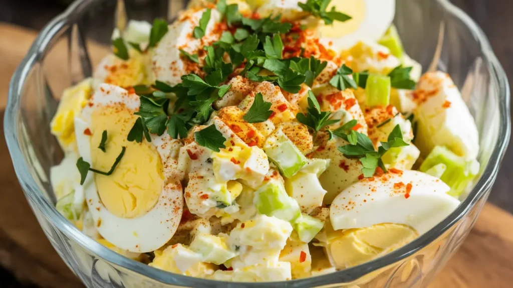 Creamy egg salad in a bowl, garnished with parsley and paprika, showcasing the essential ingredients for a perfect egg salad sandwich.