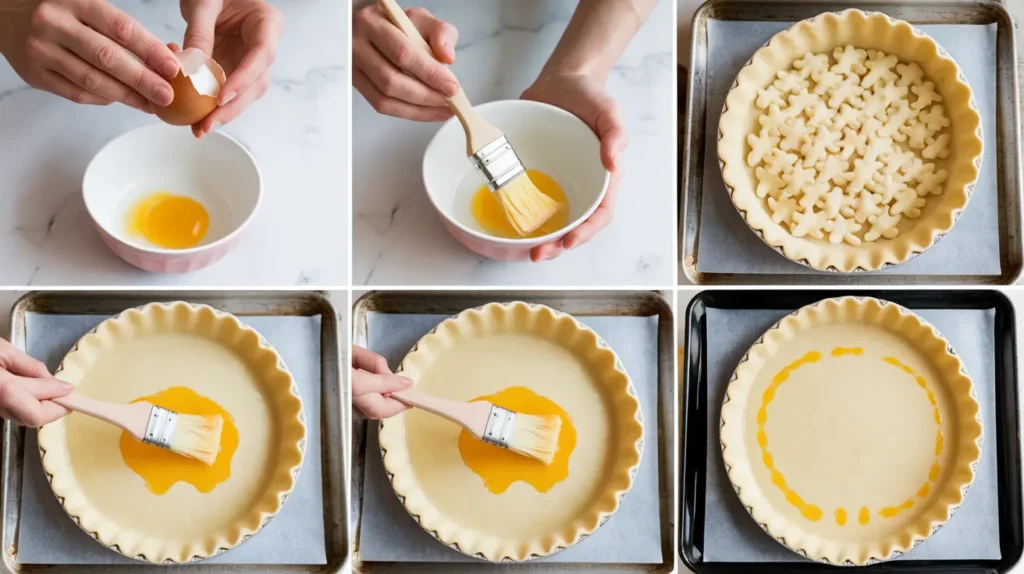 Brushing egg wash onto pie crust for a glossy, moisture-proof layer.