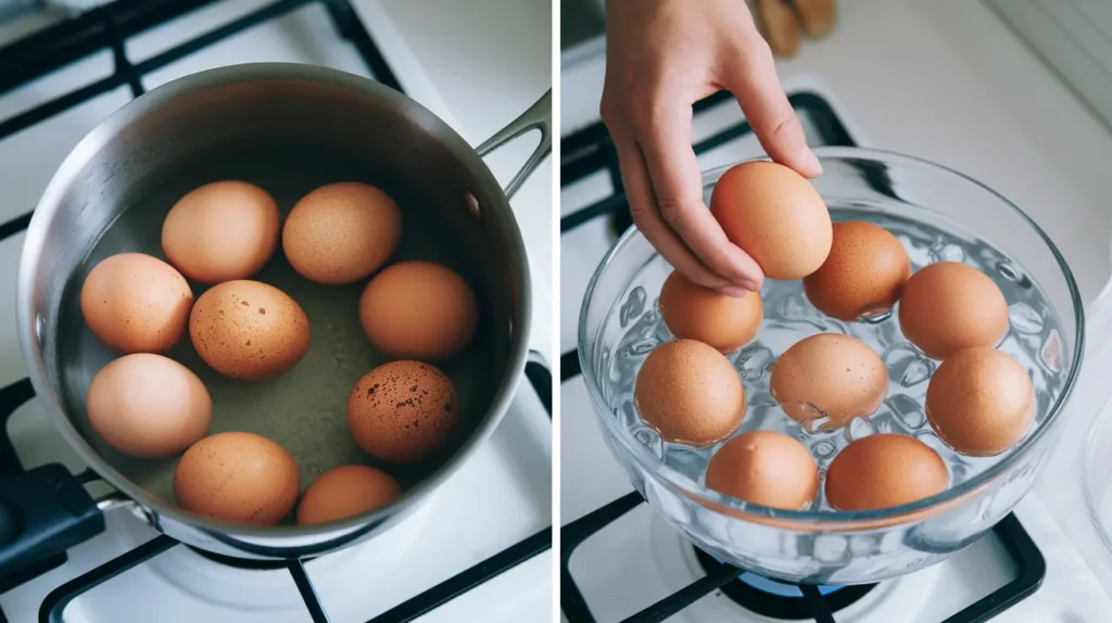 Step-by-step process of boiling eggs and placing them in an ice water bath to prevent overcooking and excess moisture.