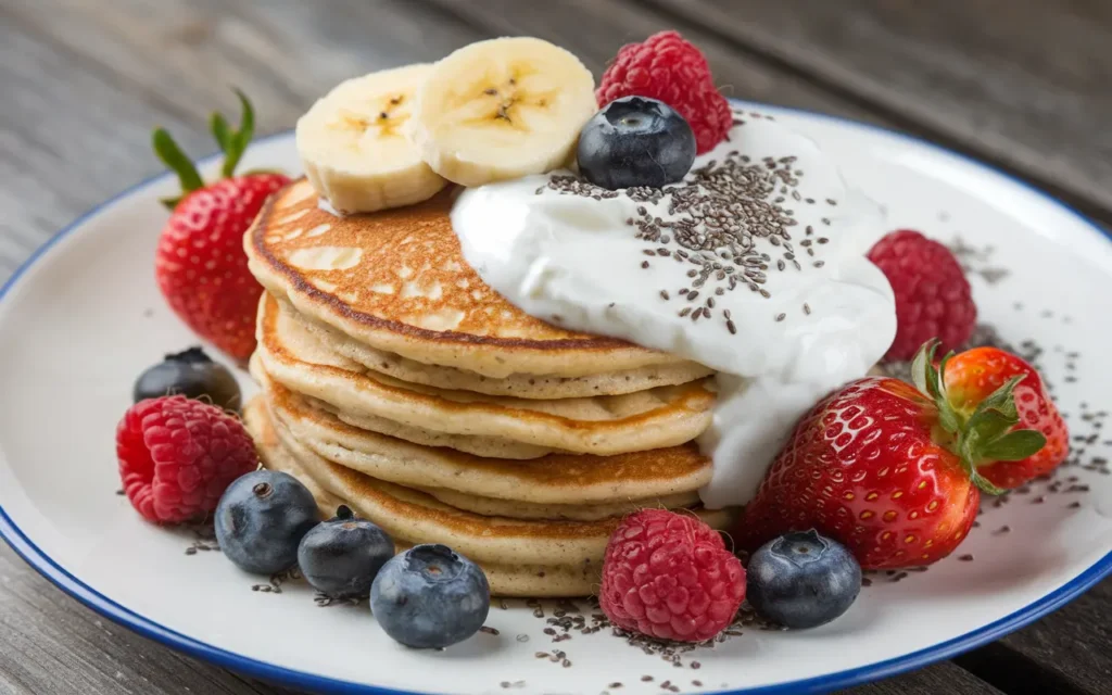 Banana pancakes with Greek yogurt, berries, and chia seeds for a healthy breakfast.