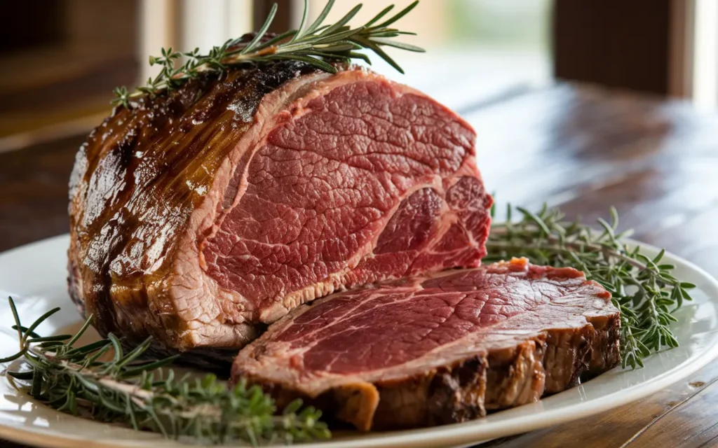 Tender prime rib plated with fresh rosemary and thyme, highlighting its juicy texture.