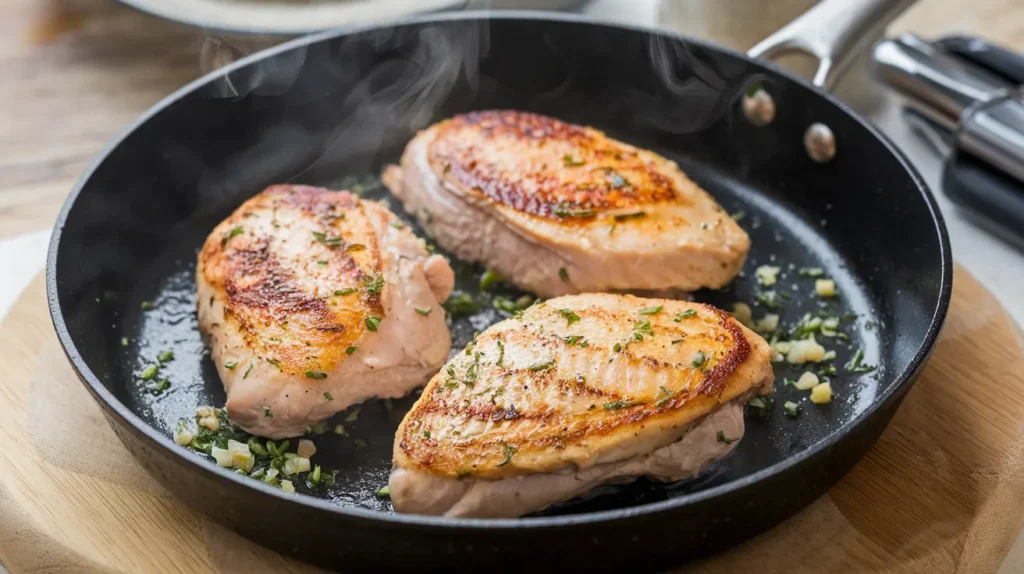 "Searing chicken breasts in a skillet as the first step to making Marry Me Chicken."