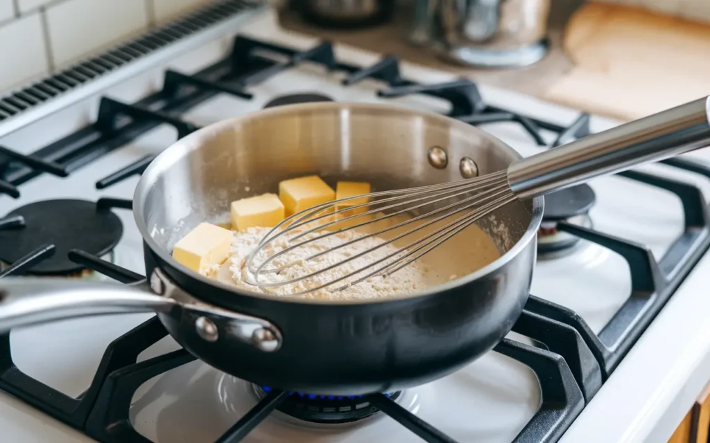 Preparing a roux for chicken pot pie sauce in a saucepan.