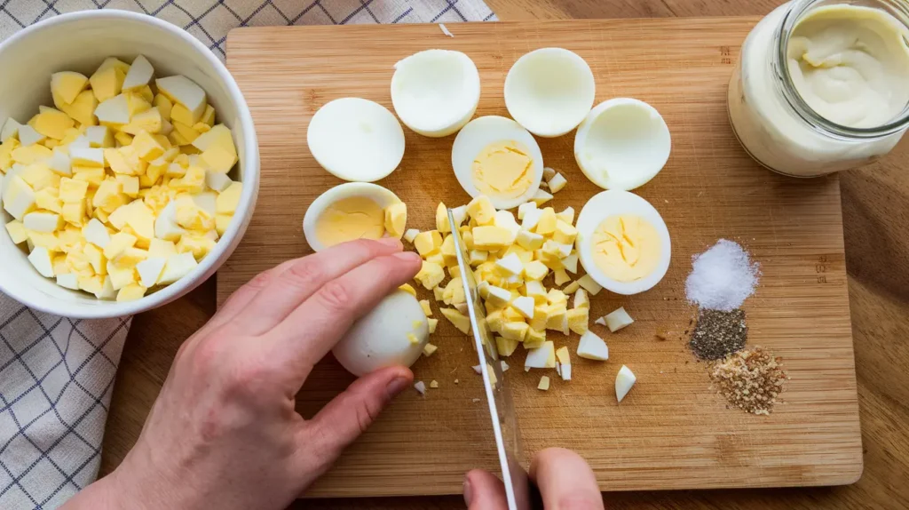 Hard-boiled eggs being chopped on a wooden cutting board with mayonnaise, salt, and pepper, showing preparation for an egg salad sandwich