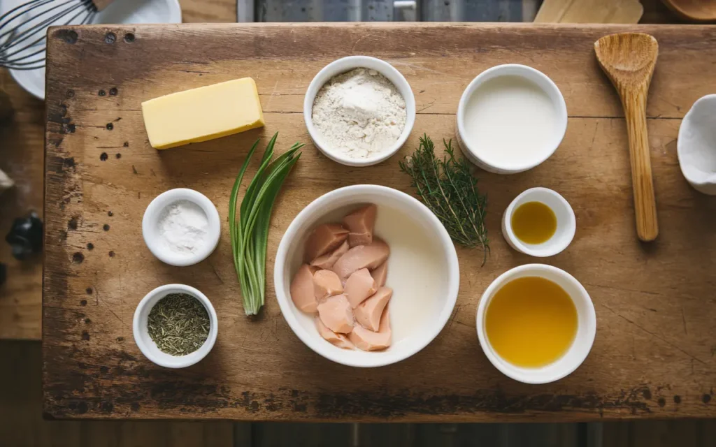 Core ingredients for chicken pot pie sauce: butter, flour, milk, chicken broth, and fresh herbs.