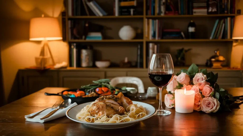 "Marry Me Chicken served with pasta and roasted vegetables on a cozy dinner table with wine."