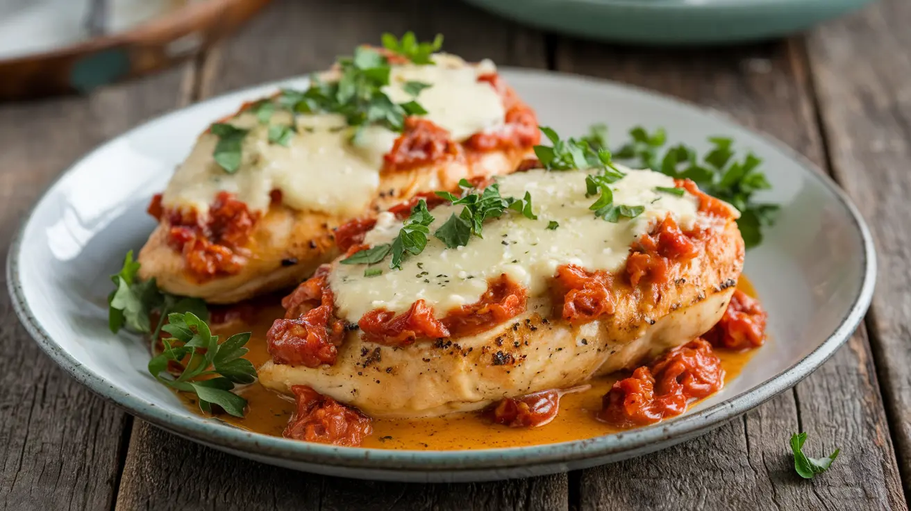 "Marry Me Chicken with creamy Parmesan and sun-dried tomato sauce, garnished with parsley."