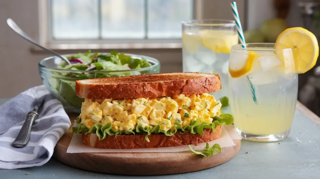 Delicious egg salad sandwich on toasted bread, served with a side of salad and a refreshing glass of lemonade