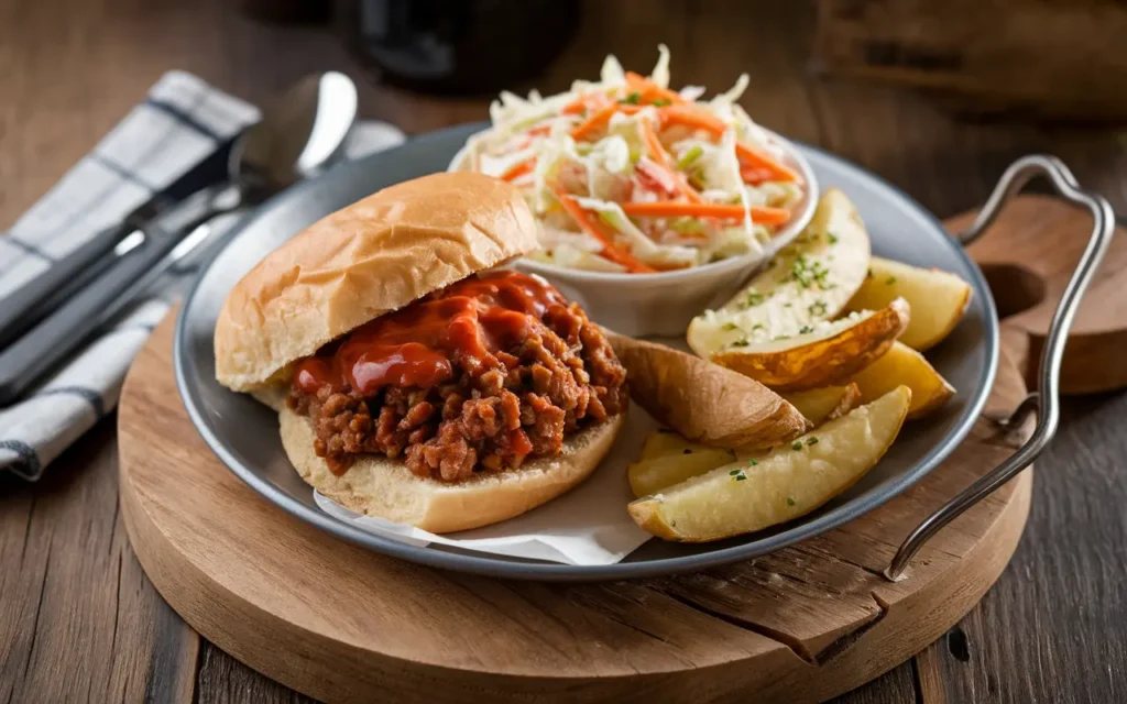 A plate with a sloppy joe, coleslaw, and crispy potato wedges as a perfect pairing.