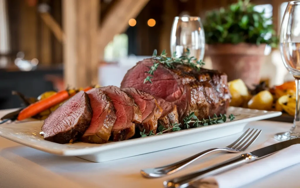 Sliced prime rib served on a plate with roasted vegetables and thyme, showcasing its tender texture.