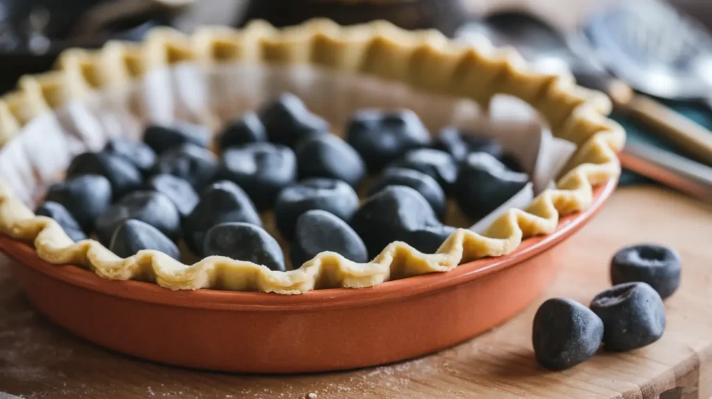 Partially prebaked pie crust with golden edges and pie weights in a ceramic dish