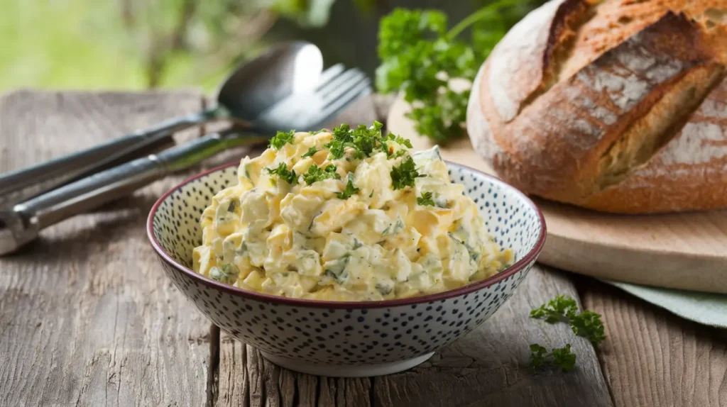 Freshly made creamy egg salad garnished with parsley in a bowl on a rustic wooden table, perfect for sandwiches or sides.