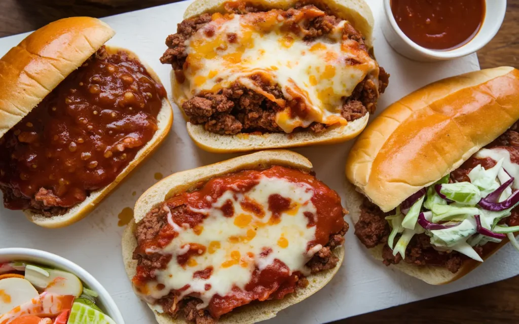 Regional Sloppy Joe variations, including classic, pizza-style, and Southern-style with coleslaw.