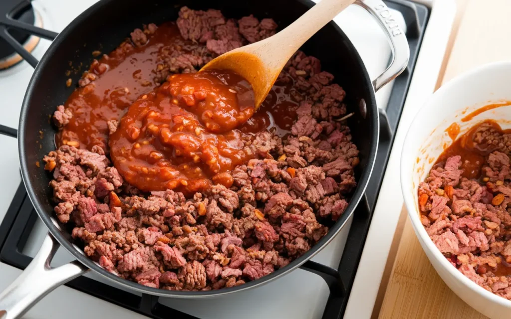 Manwich sauce mixed with ground beef in a skillet for a quick and easy meal