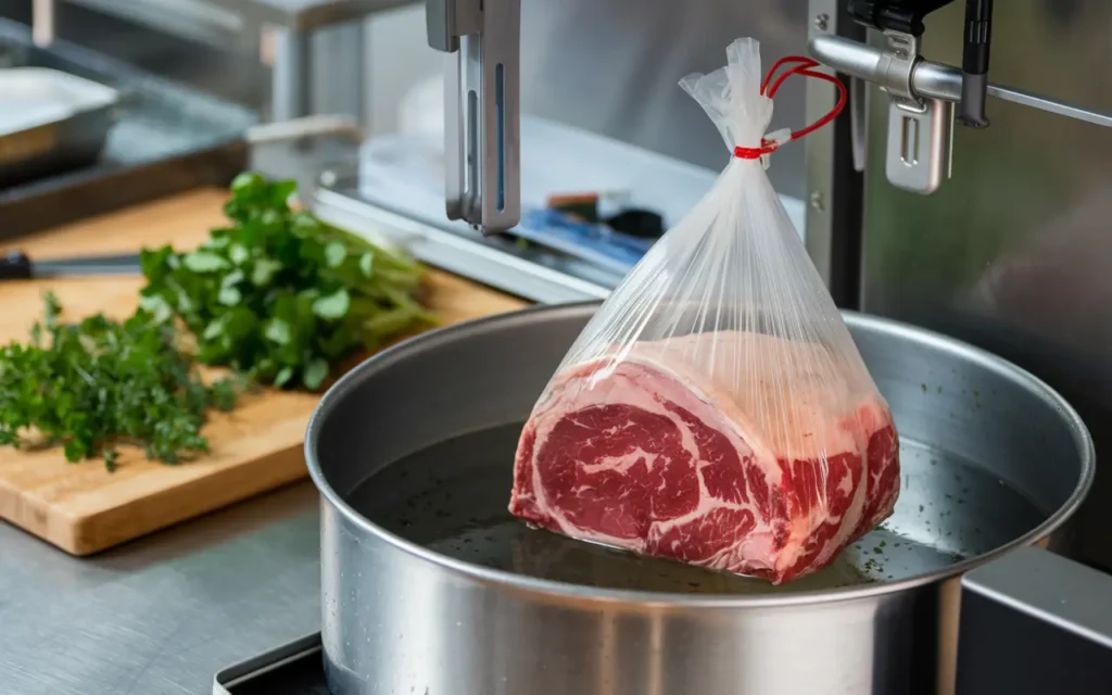 Sous vide prime rib vacuum-sealed in a bag with herbs, submerged in a water bath in a professional kitchen