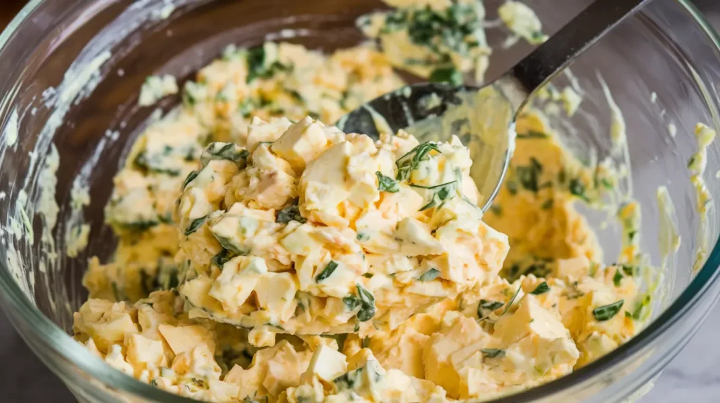 A spoon mixing egg salad in a glass bowl, showing thick and creamy consistency with visible chunks of eggs and herbs