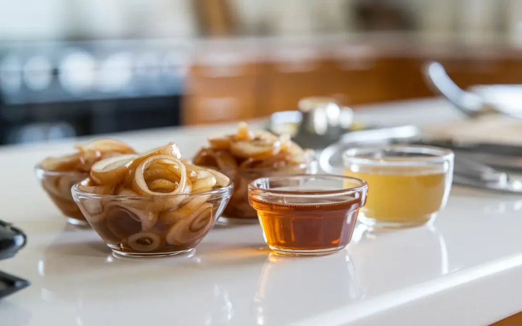 Ingredients like caramelized onions, honey, and apple cider vinegar arranged on a white countertop.