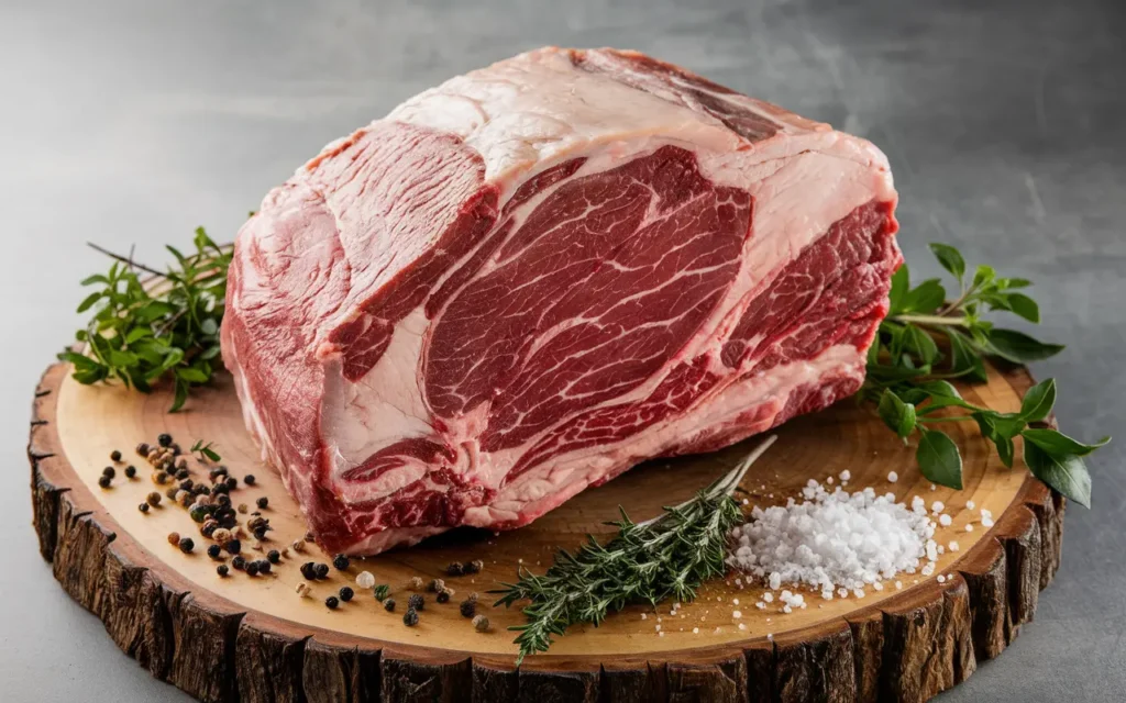 High-quality raw prime rib with marbling displayed on a butcher's board, surrounded by rosemary and seasonings.