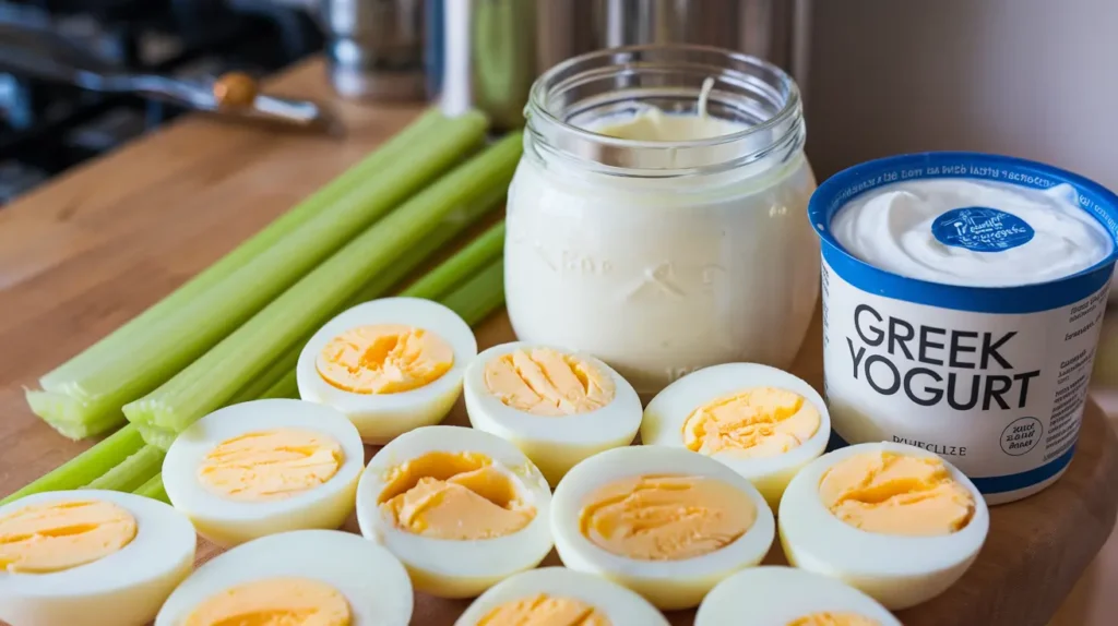 Ingredients for egg salad: chopped hard-boiled eggs, mayonnaise, celery, and Greek yogurt neatly arranged on a kitchen counter.