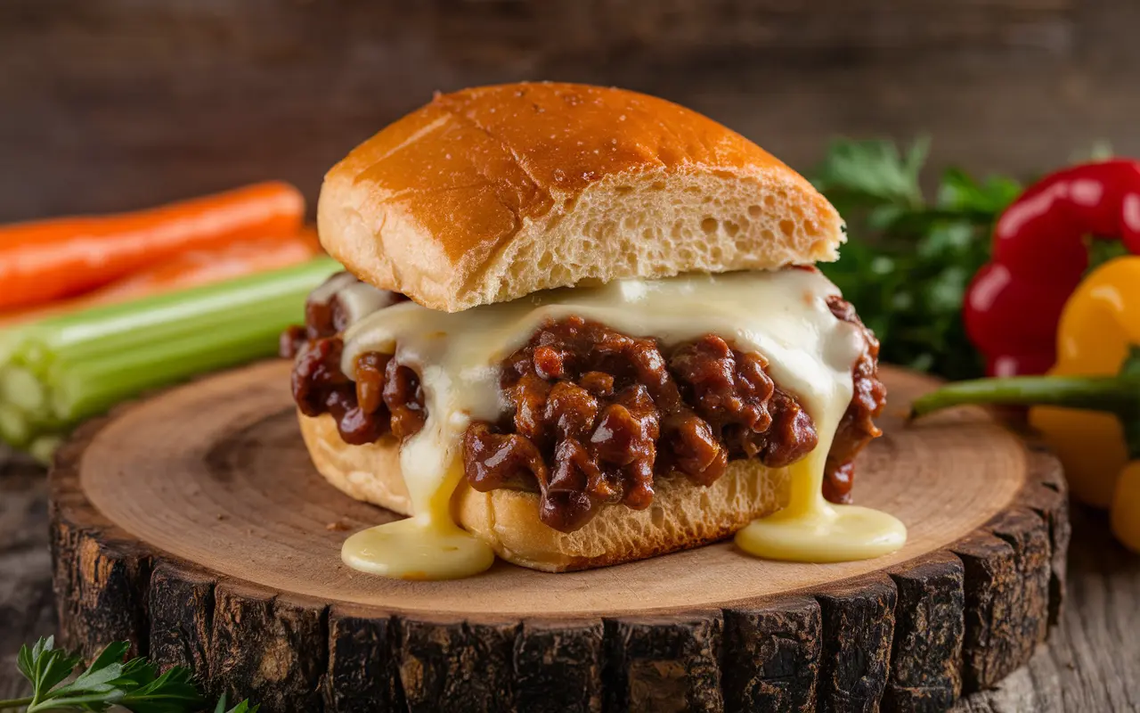 A delicious sloppy joe with melted cheese on a brioche bun, showcasing fresh toppings and a rustic background.