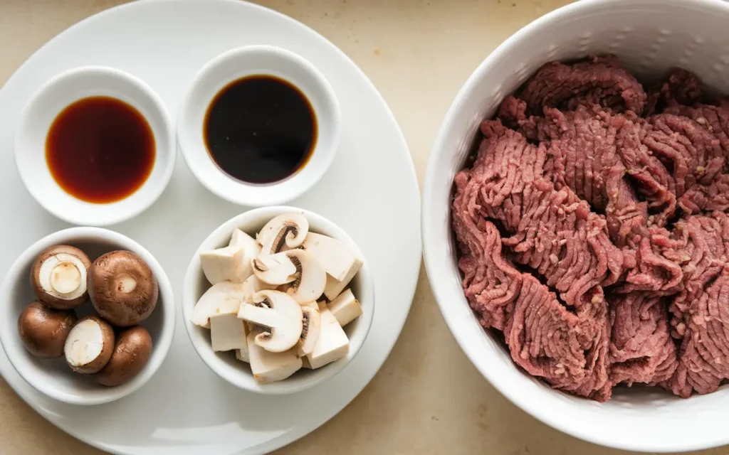 Worcestershire sauce, soy sauce, and mushrooms arranged beside ground beef.