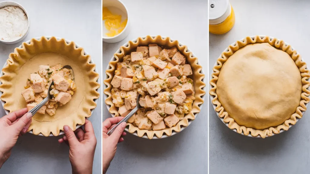 "Step-by-step process of assembling chicken pot pie with cream of chicken soup."

