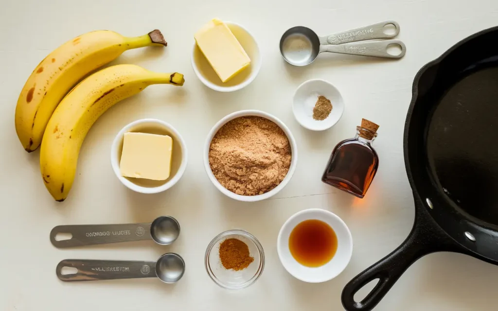 Key ingredients for Bananas Foster, including bananas, butter, brown sugar, and spices
