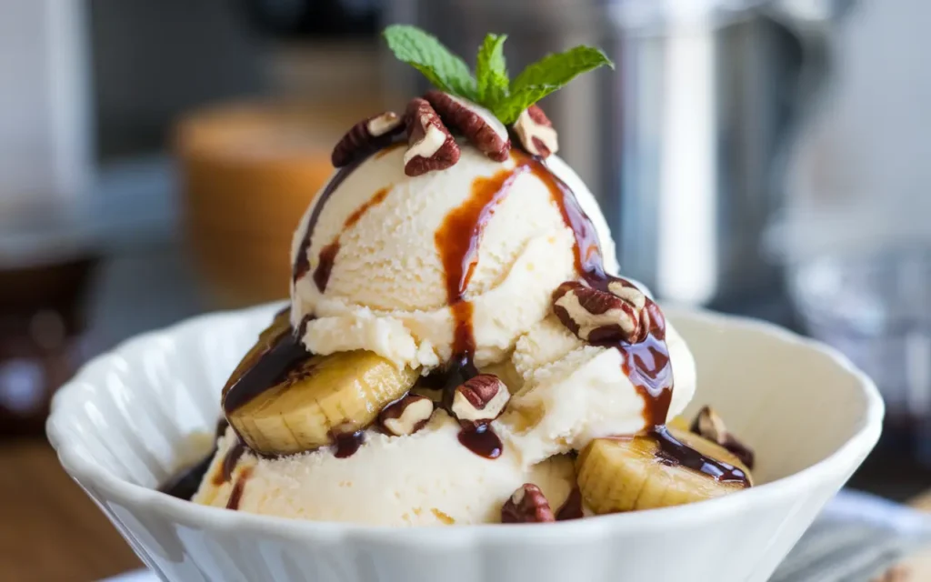 Bananas Foster served over vanilla ice cream with caramel sauce and pecans