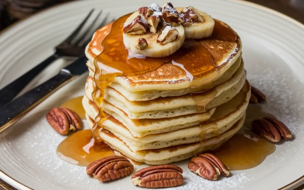 Bananas Foster Pancakes topped with caramelized banana sauce and pecans.