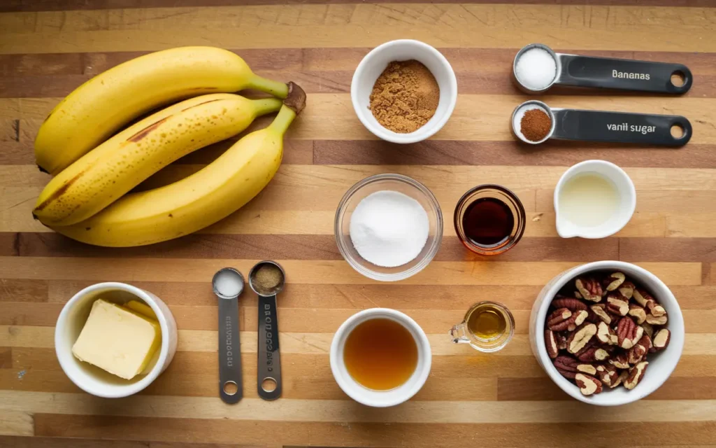 Ingredients for Bananas Foster topping including bananas, butter, brown sugar, and spices