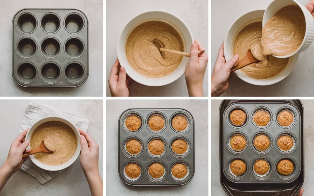 Pouring batter into a preheated muffin pan to bake popovers as an alternative to popover pans.