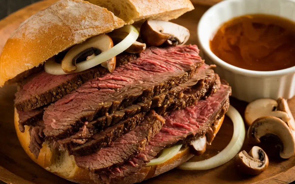 Delicious beef sandwich made with thinly sliced poor man's prime rib, served with au jus.