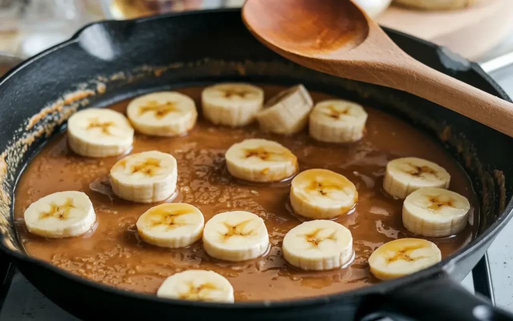 Bananas caramelizing in a rich butter and brown sugar sauce for Bananas Foster.