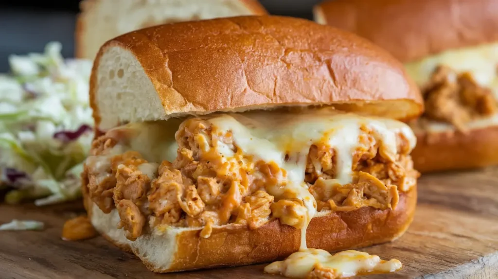 Cheesy chicken sloppy joe with melted cheese and tangy chicken filling served on a toasted bun.

