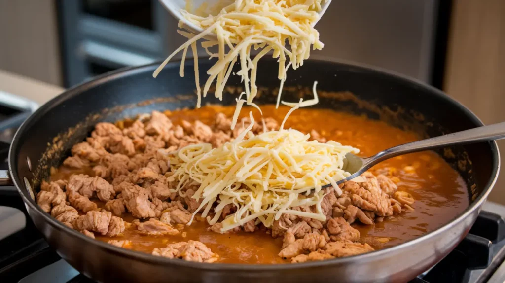 Ground chicken simmering in sloppy joe sauce with shredded cheese melting into the mixture.

