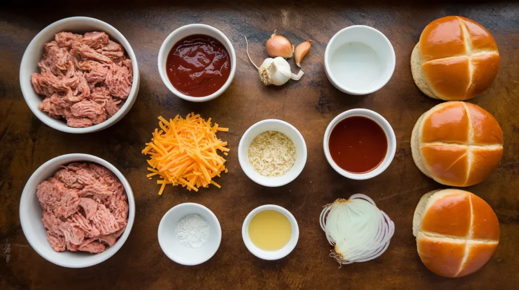 Ingredients for cheesy chicken sloppy joes including ground chicken, cheese, and brioche buns.

