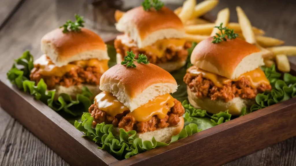 Cheesy chicken sloppy joe sliders served with crispy fries on a wooden tray