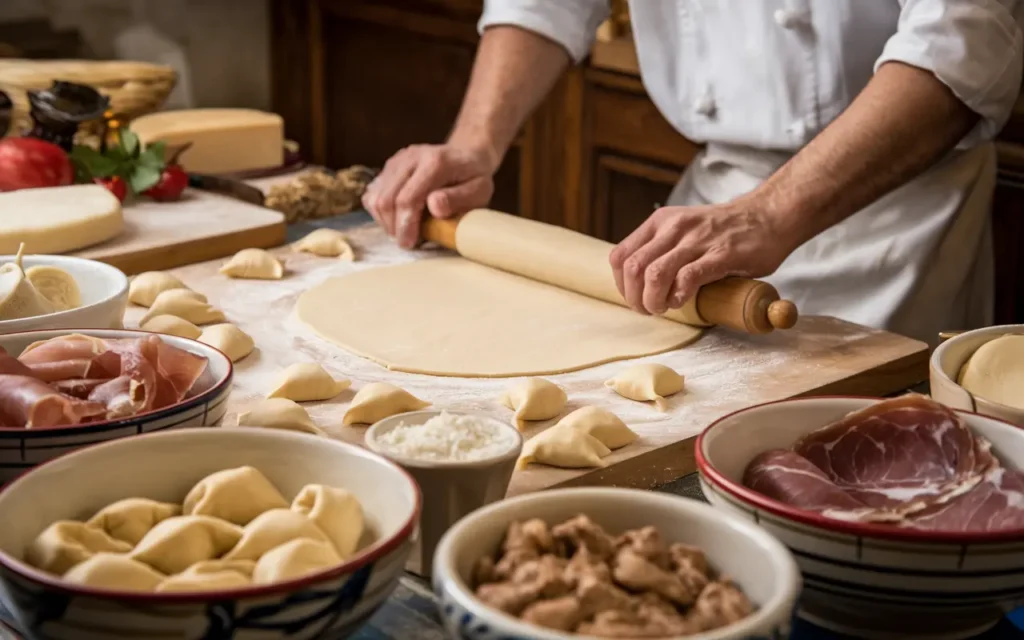 A traditional Italian kitchen with a chef rolling out dough and preparing tortellini