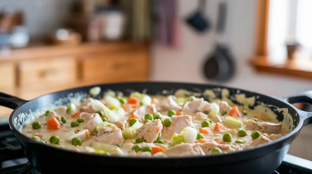 "Skillet with creamy chicken pot pie filling, featuring chicken, peas, carrots, and leeks."