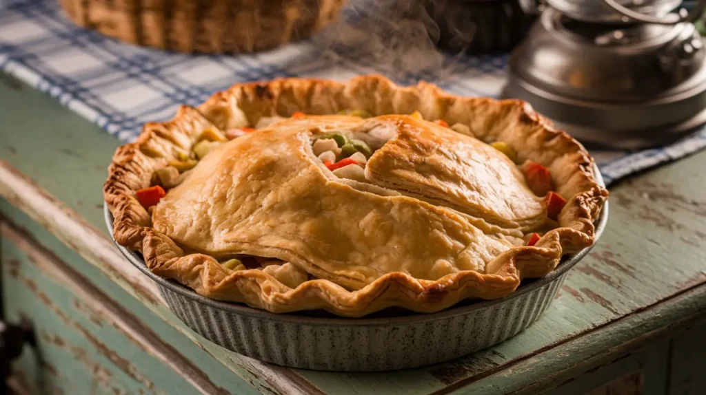 "Freshly baked chicken pot pie with a golden crust in a rustic dish."

